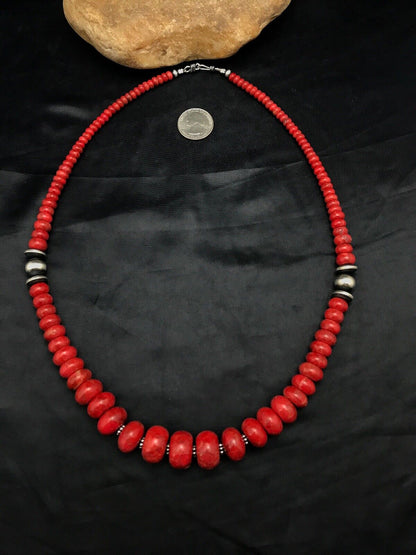 Authentic Native American Navajo Sterling Silver Necklace | Apple Sponge Coral Graduated Beads | 25" | 4558