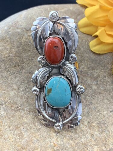 Navajo Royston Turquoise, Coral, and Multi-Stone Men's Ring | Authentic Native American Sterling Silver | Sz 8 | 1808