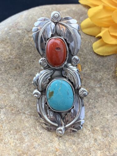 Navajo Royston Turquoise, Coral, and Multi-Stone Men's Ring | Authentic Native American Sterling Silver | Sz 8 | 1808