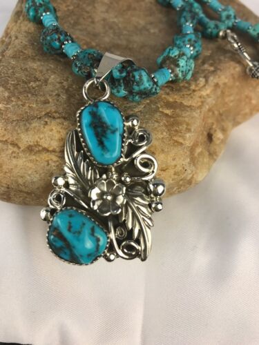 Navajo Kingman Turquoise Nugget Pendant Necklace | Sterling Silver | Multi-Stone | Southwestern Handmade