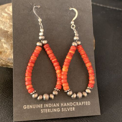 Navajo Red Spiny Oyster Hoop Earrings | Sterling Silver | Authentic Native American Handmade | 13499