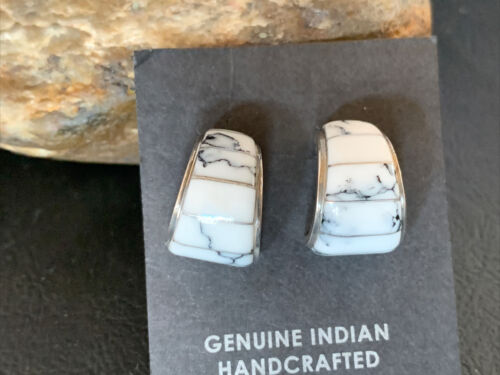 Navajo White Buffalo Turquoise Inlay Earrings | Sterling Silver | 0.5" | Authentic Native American Handmade | 12996