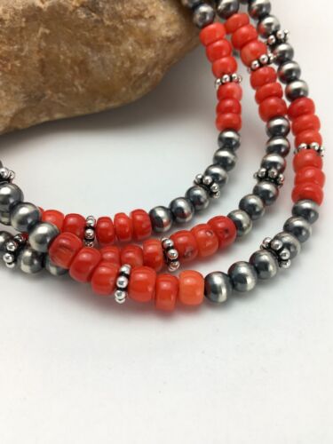 Navajo Red Coral 3 Strand Necklace | Sterling Silver | Authentic Native American Handmade | 2585