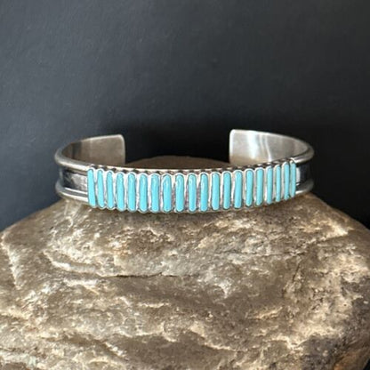 Zuni Blue Turquoise Inlay Cuff Bracelet | Sterling Silver | Authentic Native American Handmade | 14588