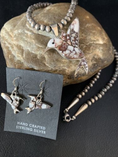 Navajo Hummingbird Pendant | Wild Horse Turquoise Necklace | Sterling Silver | Authentic Native American Handmade | 13498