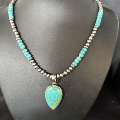 Navajo Blue Turquoise Pendant Necklace | Sterling Silver | Authentic Native American Handmade | 14472