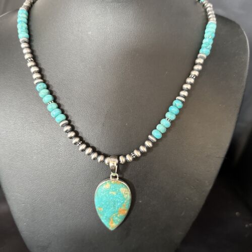 Navajo Blue Turquoise Pendant Necklace | Sterling Silver | Authentic Native American Handmade | 14472