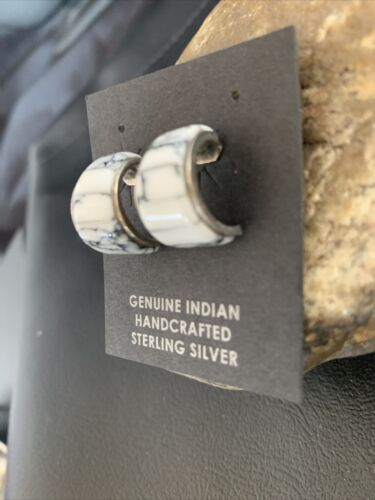 Navajo White Buffalo Turquoise Inlay Earrings | Sterling Silver | 0.50" | Authentic Native American Handmade | 12997