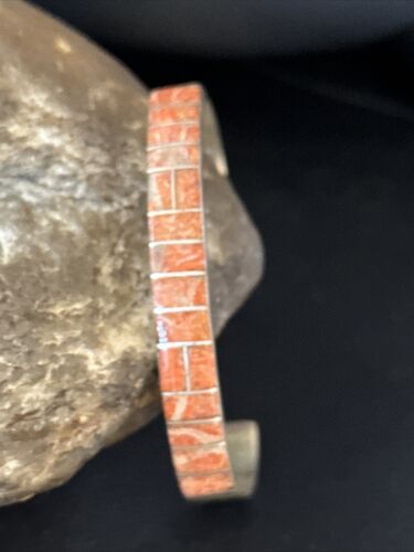 Authentic Native American Navajo Sterling Silver Bracelet | Red Spiny Oyster Inlay | Old Pawn | 14532