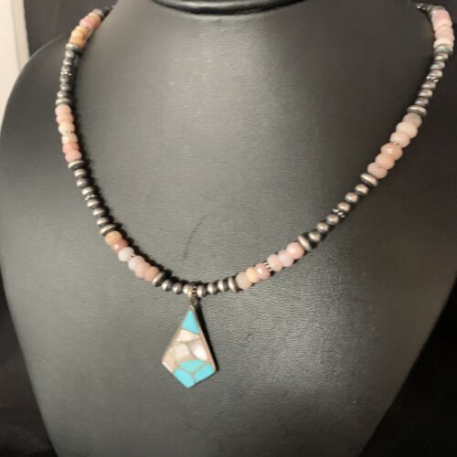 Navajo Mother of Pearl Turquoise Inlay Pendant with Pink Opal Bead | Sterling Silver Necklace | 13456