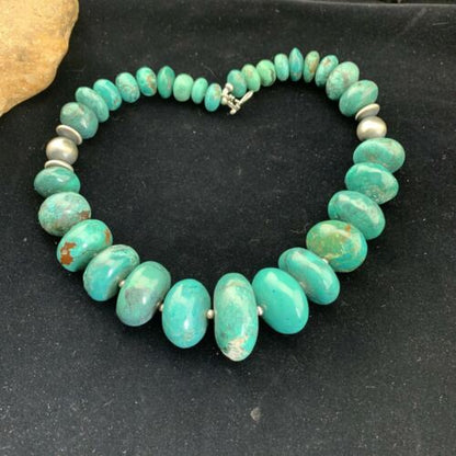Men's Navajo Pearl Sterling Silver Necklace | Graduated Blue Chunky Turquoise | Authentic Native American | 24" | 01744