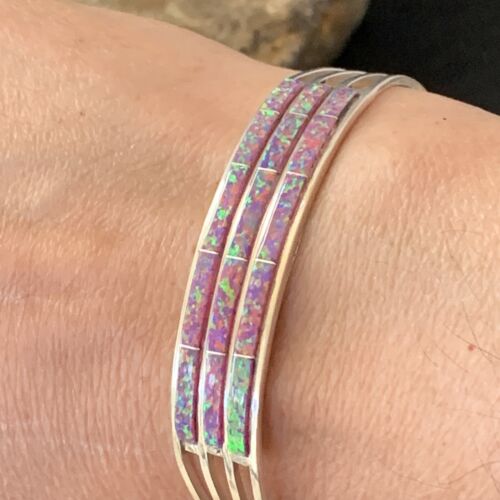 Native American Zuni Purple Opal Inlay Cuff Bracelet | Sterling Silver | 3 Row | 1643