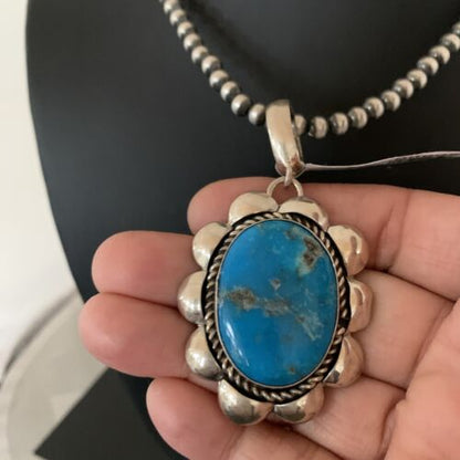 Men's Navajo Pearl Necklace with Blue Kingman Turquoise Pendant | Sterling Silver | 00905