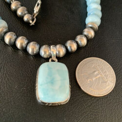 Men's Navajo Sterling Silver Necklace | Blue Larimar Pendant 10mm | Natural | 14003