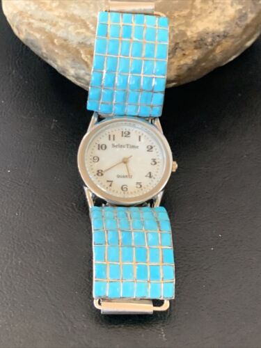 Men's Zuni Sterling Silver Watch with Blue Turquoise Inlay Tips | Authentic Native American Jewelry | 2120