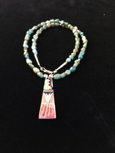 Authentic Native American Navajo Sterling Silver Necklace with Green Turquoise Inlay Pendant | 25" | 1751