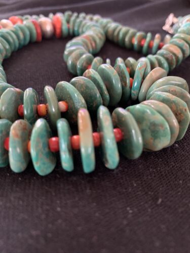 Authentic Native American Navajo Necklace | Sterling Silver | Green Turquoise & Spiny Oyster | 32" | 1670