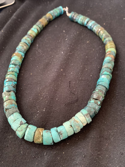 Native American Blue Green Turquoise Heishi Necklace | 9mm | Sterling Silver | 20" | 872