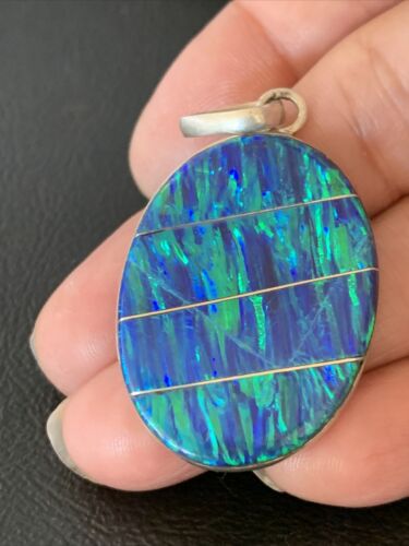 Authentic Native American Navajo Sterling Silver Blue Opal Inlay Pendant | Handmade Jewelry | 13136
