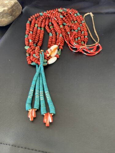 Southwestern Santo Domingo Red Coral Green Turquoise 5-Strand Jacla Necklace | 38" | Native American Handmade | 12052