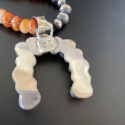 Navajo Pearls Sterling Silver Necklace | Orange Spiny Oyster Naja Pendant | 11346