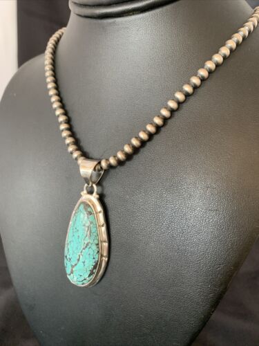 Men's Navajo Pearl Necklace with Blue Spiderweb Turquoise Pendant | Sterling Silver | 10538