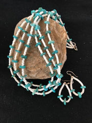 Navajo Sterling Silver 3-Strand Turquoise Necklace with Bone Earrings Set | Authentic Native American Handmade