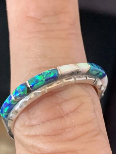 Navajo White Blue Opal Inlay Ring | Sterling Silver | Sz 8.5 | Authentic Native American Handmade | Yazzie | 10620