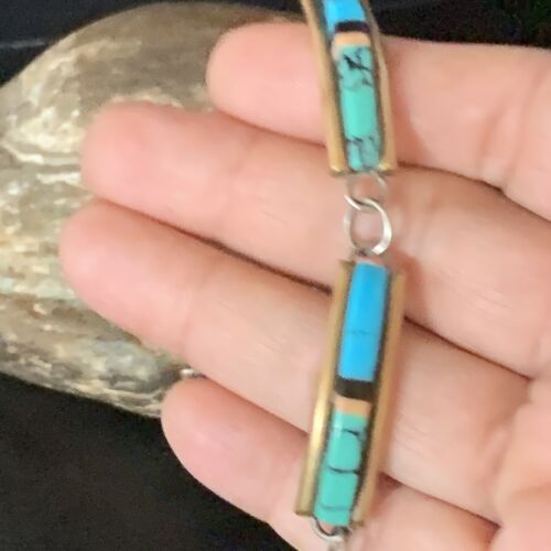 Navajo Blue Turquoise Lapis Inlay Link Bracelet | Sterling Silver | 7" | Authentic Native American Handmade | 13695