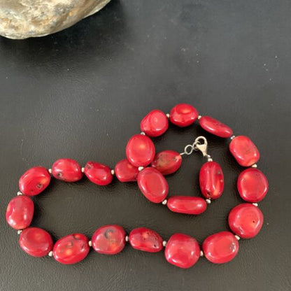 Native American Navajo Red Coral Bead Necklace | Sterling Silver | 18" | 13408 - Masha USA
