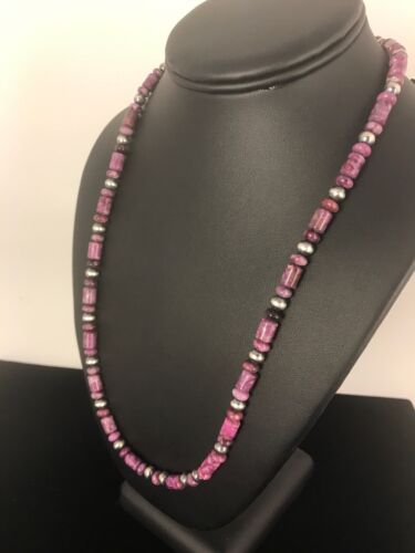 Natural Purple Sugilite Bead Sterling Silver Necklace | Southwestern Navajo | 22" | 1303