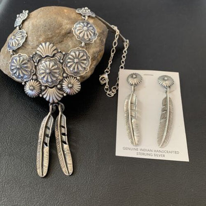 Navajo Handmade Sterling Silver Necklace & Earrings Set | Stamped | Authentic Native American Jewelry | 2114