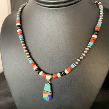 Navajo Blue Turquoise Inlay Pendant Necklace | Sterling Silver | Authentic Native American Handmade | 13865