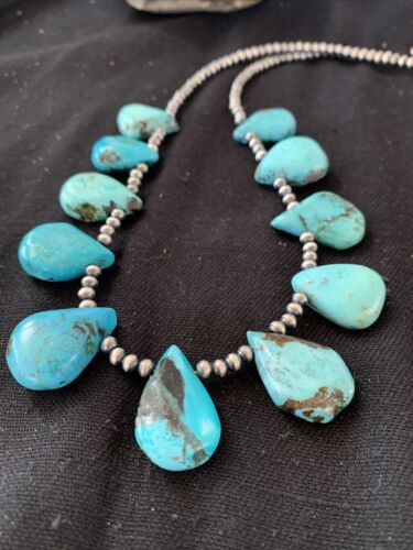 Native American Navajo Pearls Necklace | Sterling Silver Blue Turquoise Teardrop | Authentic Handmade | 942