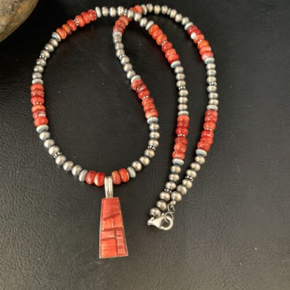 Navajo Pearls Red Spiny Oyster Sterling Necklace | Inlay Pendant | 20" | Native American Jewelry | 13652