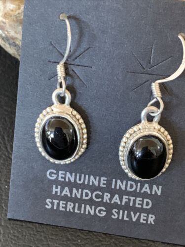 Native American Navajo Black Onyx Drop Earrings | Sterling Silver Dangle | 0.5" | 12647