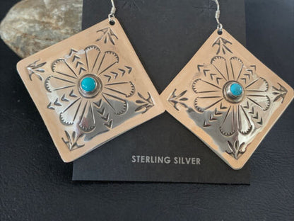 Navajo Turquoise Stamped Earrings | Sterling Silver | Authentic Native American Handmade | 1205