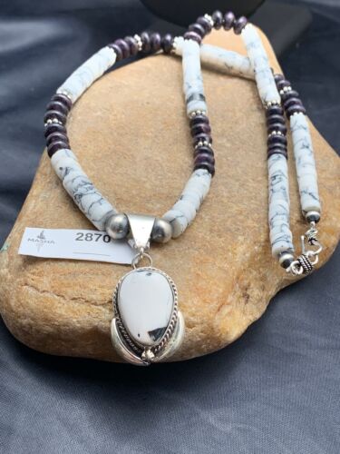 USA Navajo Purple Sugilite Howlite Bead Sterling Silver Necklace 22” 2870