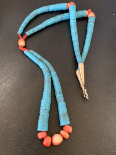 Southwestern Santo Domingo Pink Coral Blue Turquoise Jacla Necklace | 20" | Authentic Native American Handmade | 12515