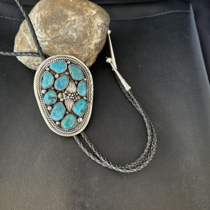 Men's Bolo Tie | Cluster Blue Kingman Turquoise | Sterling Silver | Navajo | Authentic Native American Handmade | 14522