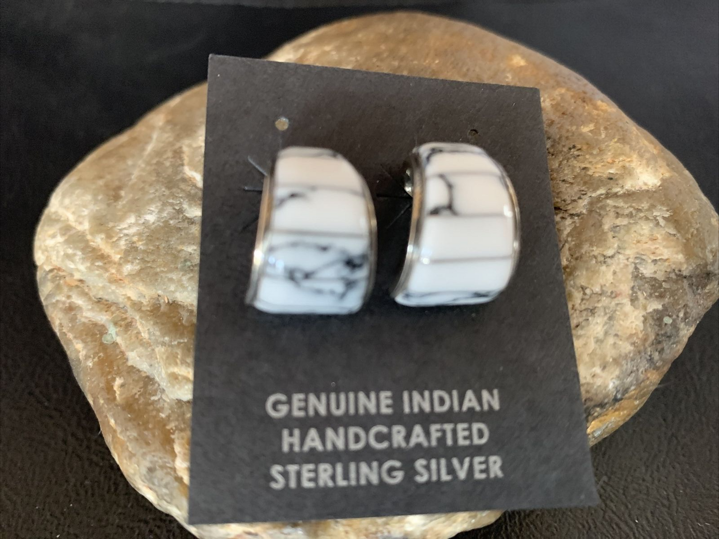 Navajo White Buffalo Turquoise Inlay Earrings | Sterling Silver | 0.50" | Authentic Native American Handmade | 12997