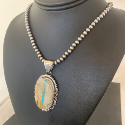 Men's Navajo Pearls Necklace | Sterling Silver Blue Boulder Turquoise Pendant | Native American Handmade | 1534