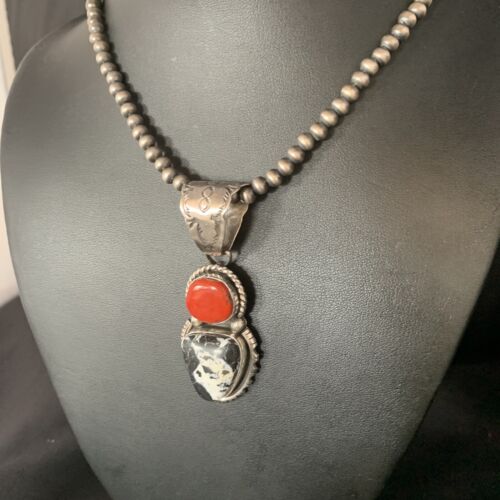 Navajo White Buffalo Turquoise Coral Pendant | Sterling Silver | Multi-Stone Necklace | 13579