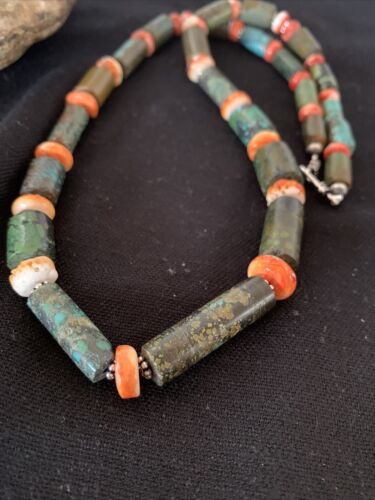 Navajo Green Turquoise and Spiny Oyster Necklace | Sterling Silver | Authentic Native American Handmade | 24" | 893