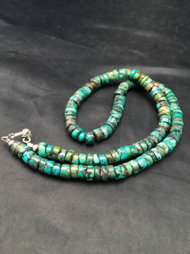 Native American Green Turquoise Heishi Bead Necklace | 10mm Sterling Silver | 20" | 4357