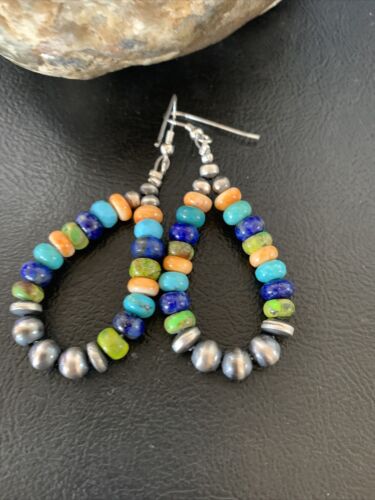 Navajo Multi-Color Lapis Spiny Turquoise Dangle Earrings | Sterling Silver | Authentic Native American Handmade | 12977