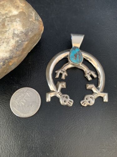 Navajo Bisbee Turquoise Naja Pendant | Sterling Silver | Men's Native American Handmade Necklace | 13796