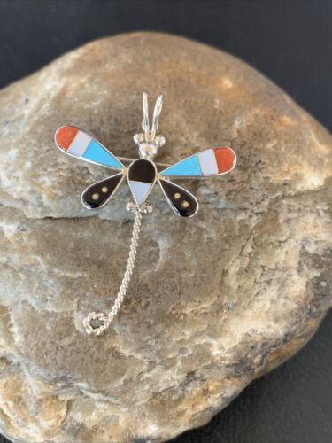 USA Zuni Turquoise MOP Inlay Dragonfly Sterling Necklace Pin Pendant 12322