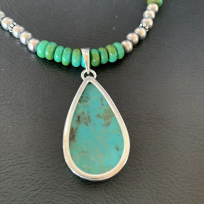 Navajo Pearls Green Turquoise Pendant Necklace | Sterling Silver Beads | Authentic Native American Handmade | 13308