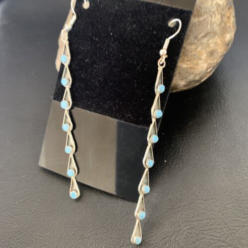 Navajo Green Turquoise Dangle Earrings | Sterling Silver | 3" Long | Authentic Native American Handmade | 12120